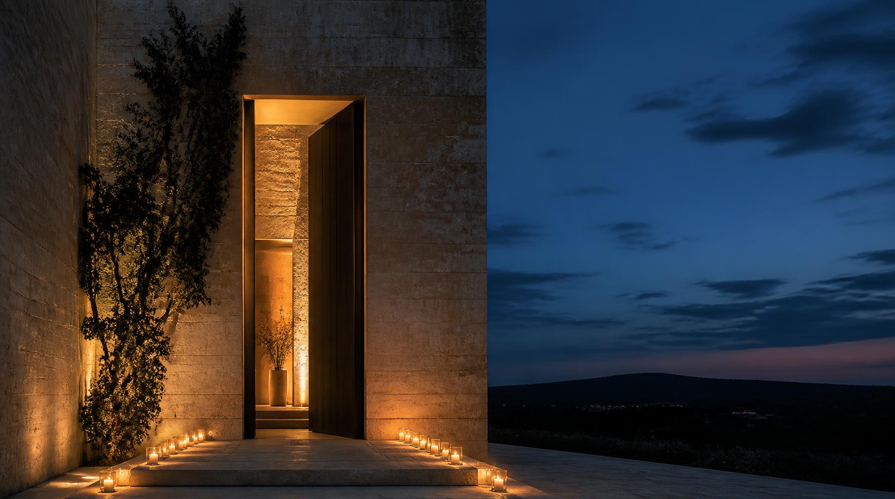 A stone venue entrance at dusk, lit with candles along the step